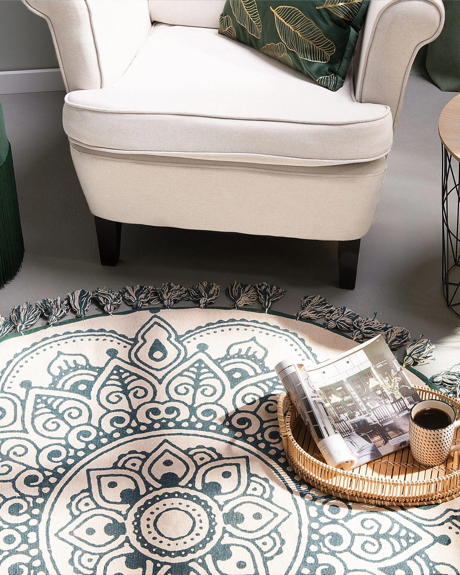 Matto Puuvilla Kermanvalkoinen/vihreä ø 120 Cm IRICE - Image 2